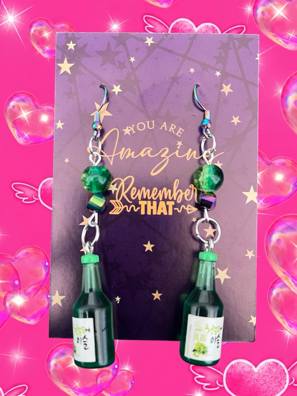 Handmade Green Bottle Dangle Earrings - Soju Bottle Design
